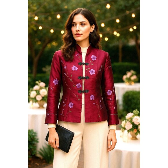 Zi Qing Ge Embroidered Floral Chinese Style Jacket Wine Purple Frog Closures LG - Picture 1 of 11